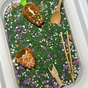 Sensory Play Set with Green Rice and One Carrot Container